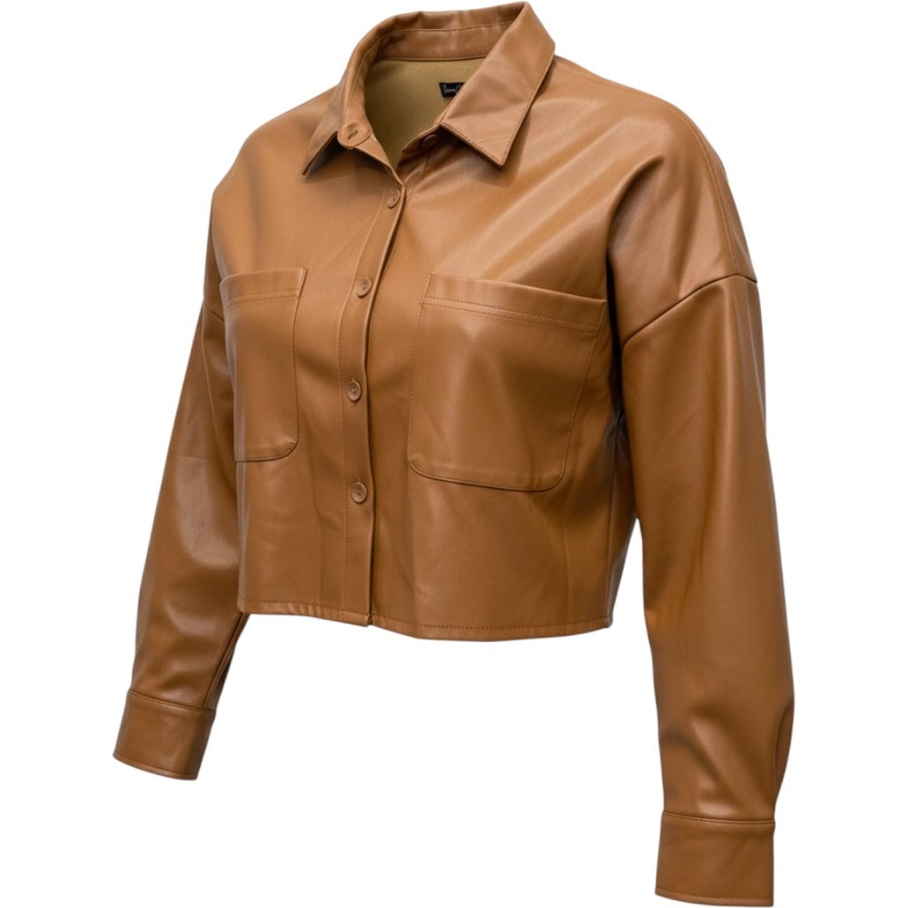 Simply Blessed Women Shacket Faux Leather Brown M Boxy Streetwear PUTP04